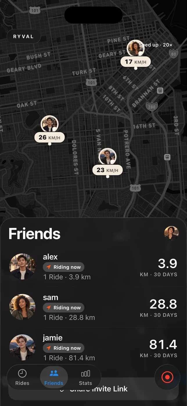 Friends on a dark city map with live speed Beacons, and a list of Friends with their 30-day distance